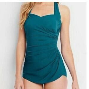 Lands’ End 14P Teal One-Piece Swimsuit Ruched Tummy Control Underwire Shelf Bra